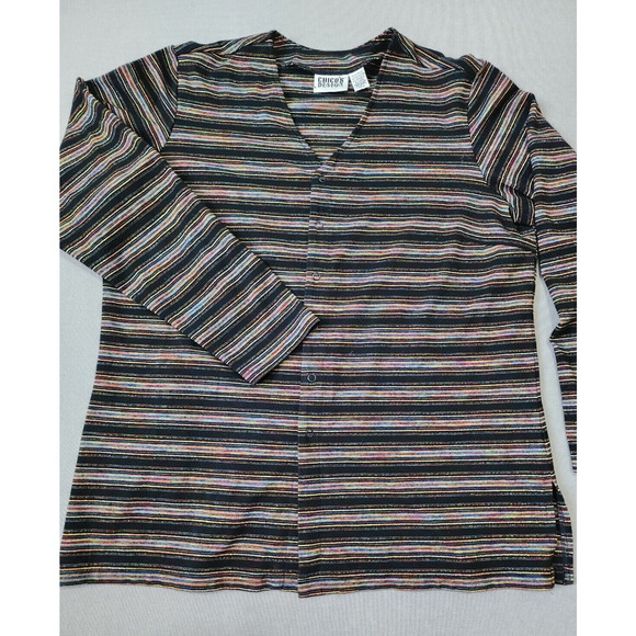 Chico's Design Women's Black Multi Striped Long Sleeve Button Front Cardigan - Picture 1 of 10